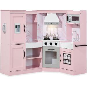 imageBest Choice Products Pretend Play Corner Kitchen Ultimate Interactive Wooden Kids Playset wLights ampamp Sounds Ice Maker Hood  PinkPink