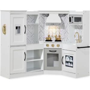 imageBest Choice Products Pretend Play Corner Kitchen Ultimate Interactive Wooden Kids Playset wLights ampamp Sounds Ice Maker Hood  PinkWhite