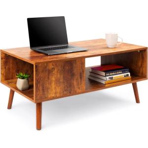 imageBest Choice Products Wooden MidCentury Modern Coffee Table Accent Furniture for Living Room Indoor Home Dcor wOpen Storage Shelf Wood Grain Finish  BrownBrown
