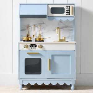 imageBest Choice Products Wooden Pretend Play Cottage Kitchen Kids Toy wStorage Scalloped Edge 5 Accessories Microwave Oven Clicking Knobs  SageBlue