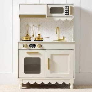 imageBest Choice Products Wooden Pretend Play Cottage Kitchen Kids Toy wStorage Scalloped Edge 5 Accessories Microwave Oven Clicking Knobs  SageCream
