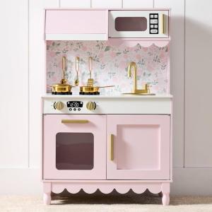 imageBest Choice Products Wooden Pretend Play Cottage Kitchen Kids Toy wStorage Scalloped Edge 5 Accessories Microwave Oven Clicking Knobs  SagePink