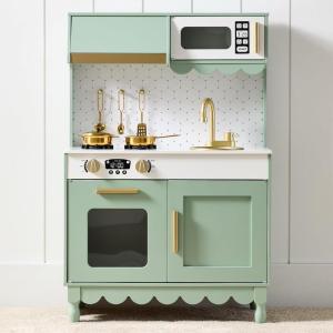 imageBest Choice Products Wooden Pretend Play Cottage Kitchen Kids Toy wStorage Scalloped Edge 5 Accessories Microwave Oven Clicking Knobs  SageSage