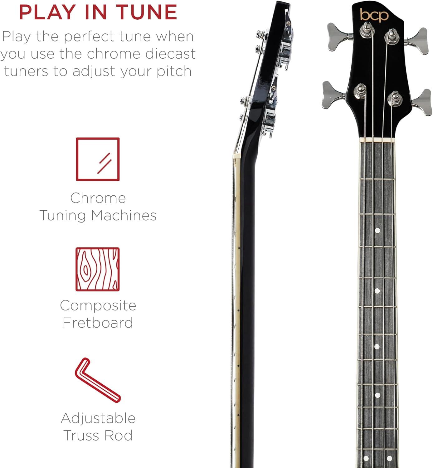 imageBest Choice Products Acoustic Electric Bass Guitar Full Size 4 String Fretted Bass Guitar wPadded Gig Bag  BlackVintage Sunburst