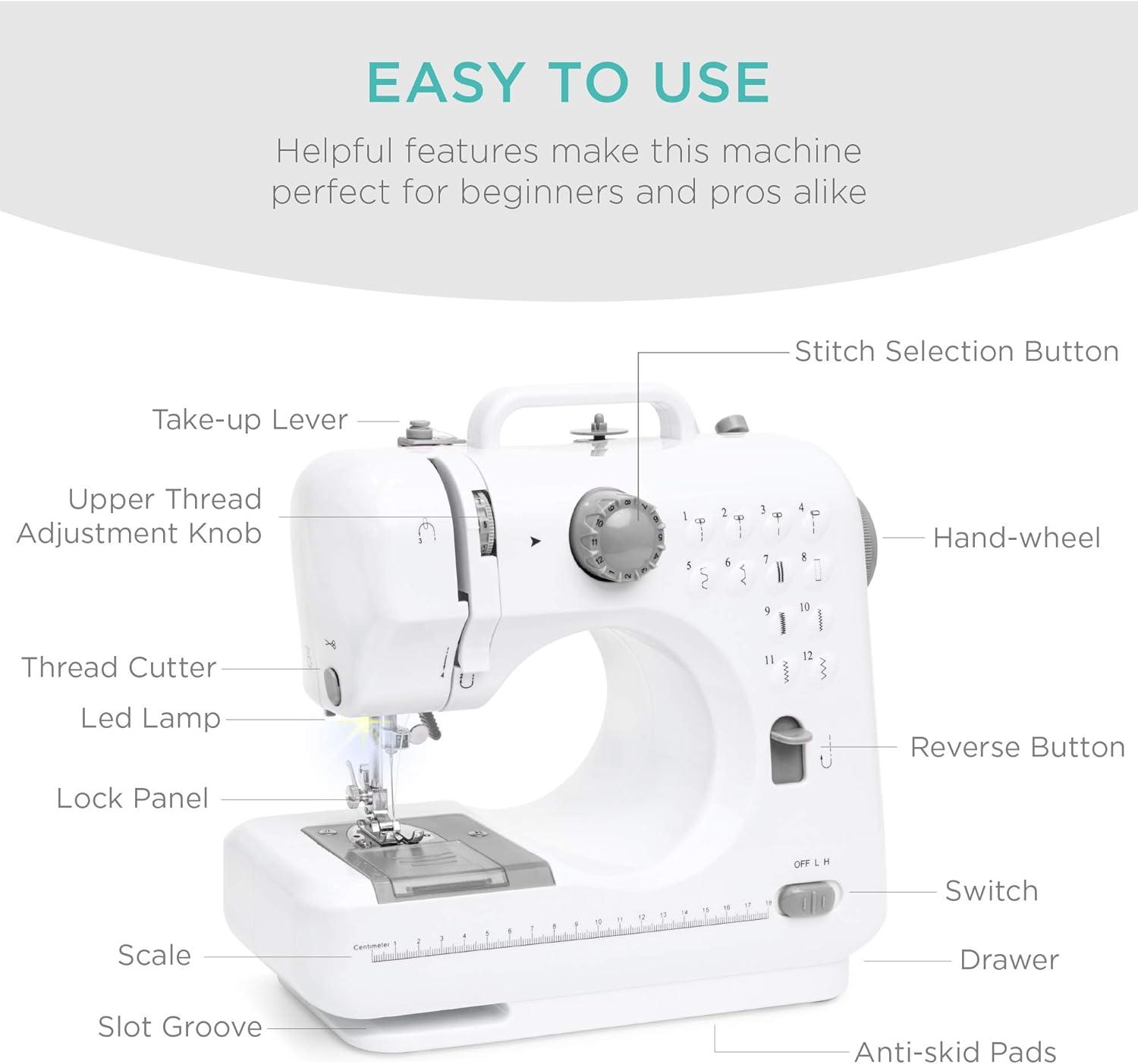 imageBest Choice Products Compact Sewing Machine 42Piece Beginners Kit Multifunctional Portable 6V Beginner Sewing Machine w 12 Stitch Patterns Light Foot Pedal Storage Drawer  TealWhiteGrayWhite