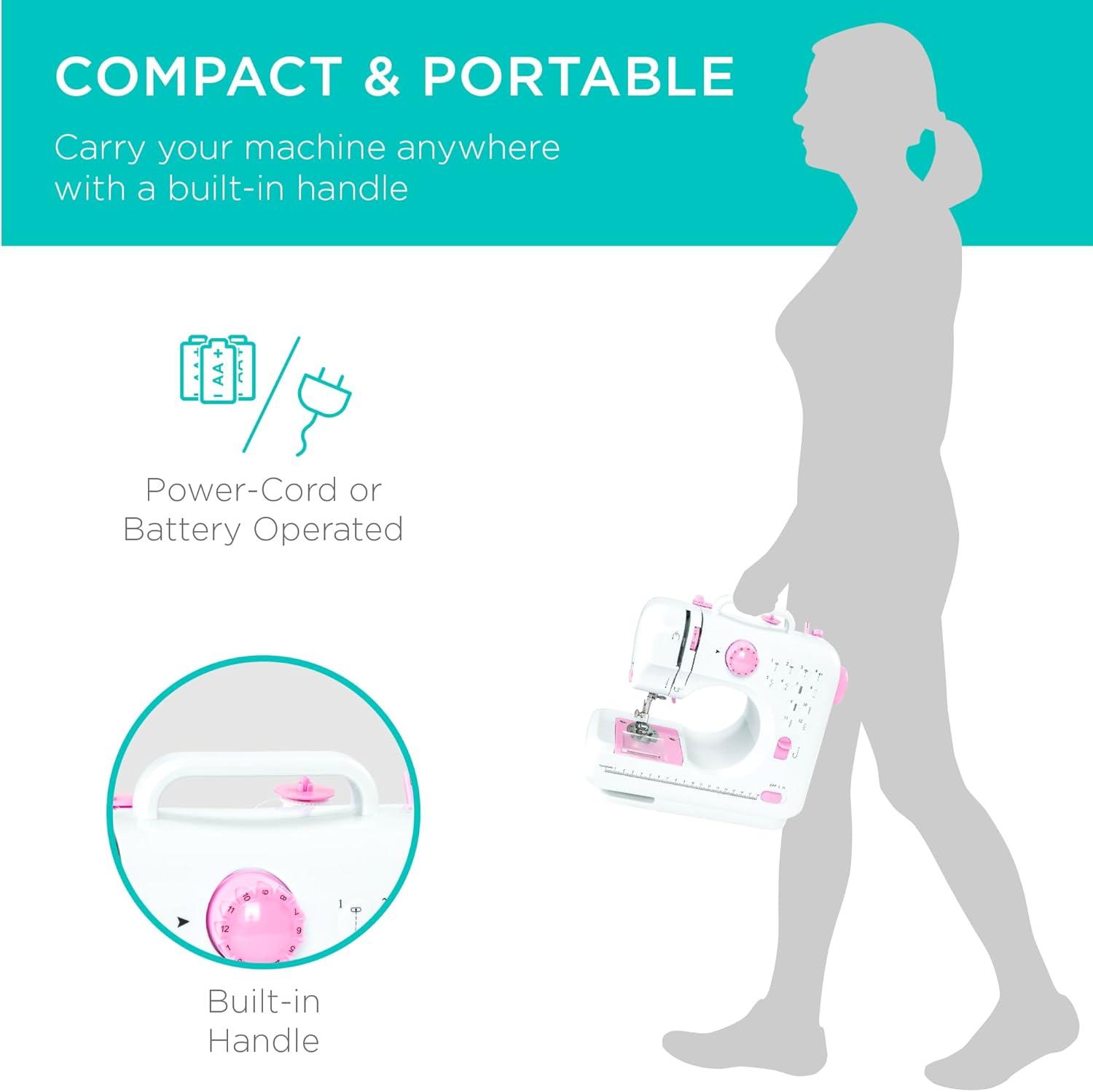 imageBest Choice Products Compact Sewing Machine 42Piece Beginners Kit Multifunctional Portable 6V Beginner Sewing Machine w 12 Stitch Patterns Light Foot Pedal Storage Drawer  TealWhitePinkWhite