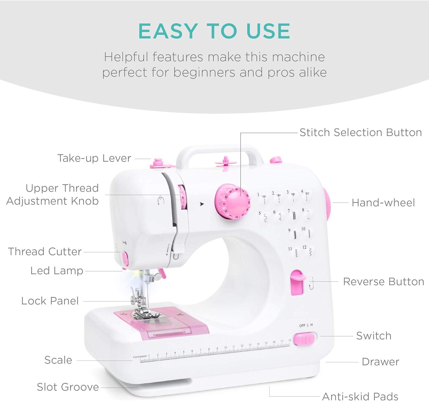 imageBest Choice Products Compact Sewing Machine 42Piece Beginners Kit Multifunctional Portable 6V Beginner Sewing Machine w 12 Stitch Patterns Light Foot Pedal Storage Drawer  TealWhitePinkWhite
