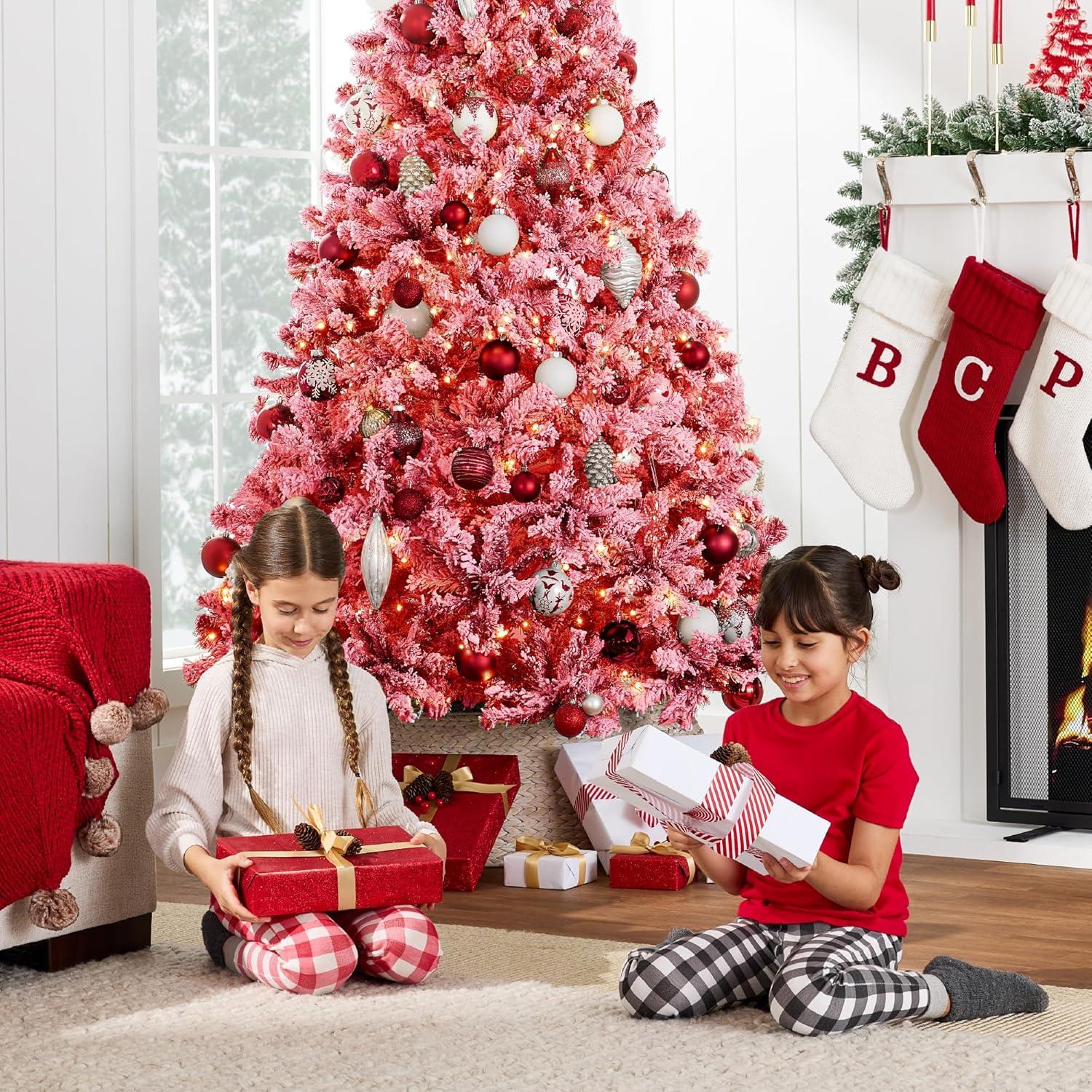 imageBest Choice Products PreLit Artificial Christmas Tree 6ft Snow Flocked Pine Tree 2in1 White and Multicolor LED Lights Full Snowy AppearanceRed
