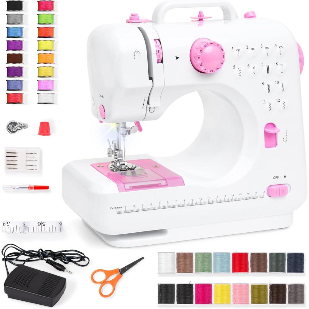 imageBest Choice Products Compact Sewing Machine 42Piece Beginners Kit Multifunctional Portable 6V Beginner Sewing Machine w 12 Stitch Patterns Light Foot Pedal Storage Drawer  TealWhitePinkWhite