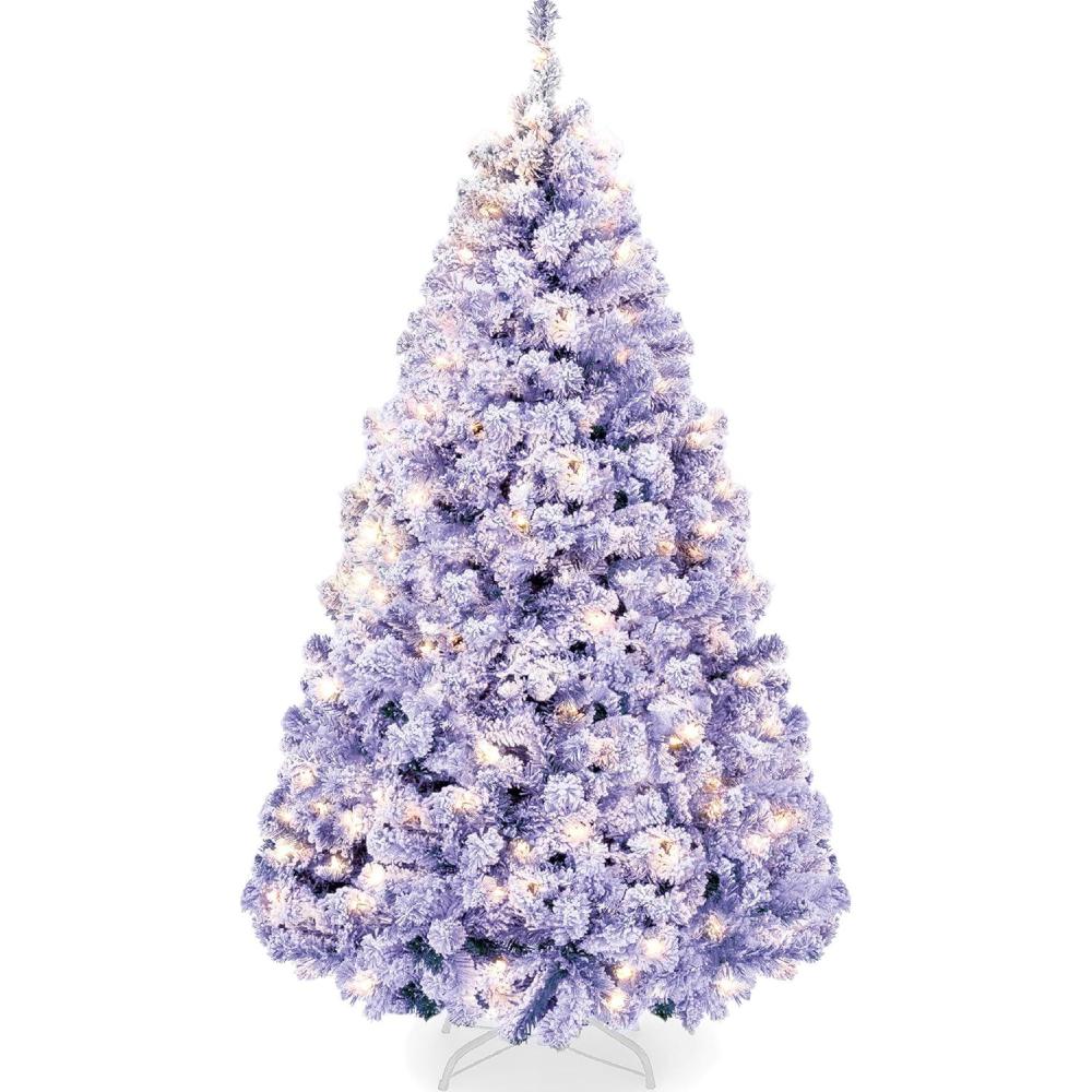imageBest Choice Products PreLit Artificial Christmas Tree 6ft Snow Flocked Pine Tree 2in1 White and Multicolor LED Lights Full Snowy AppearanceLavender