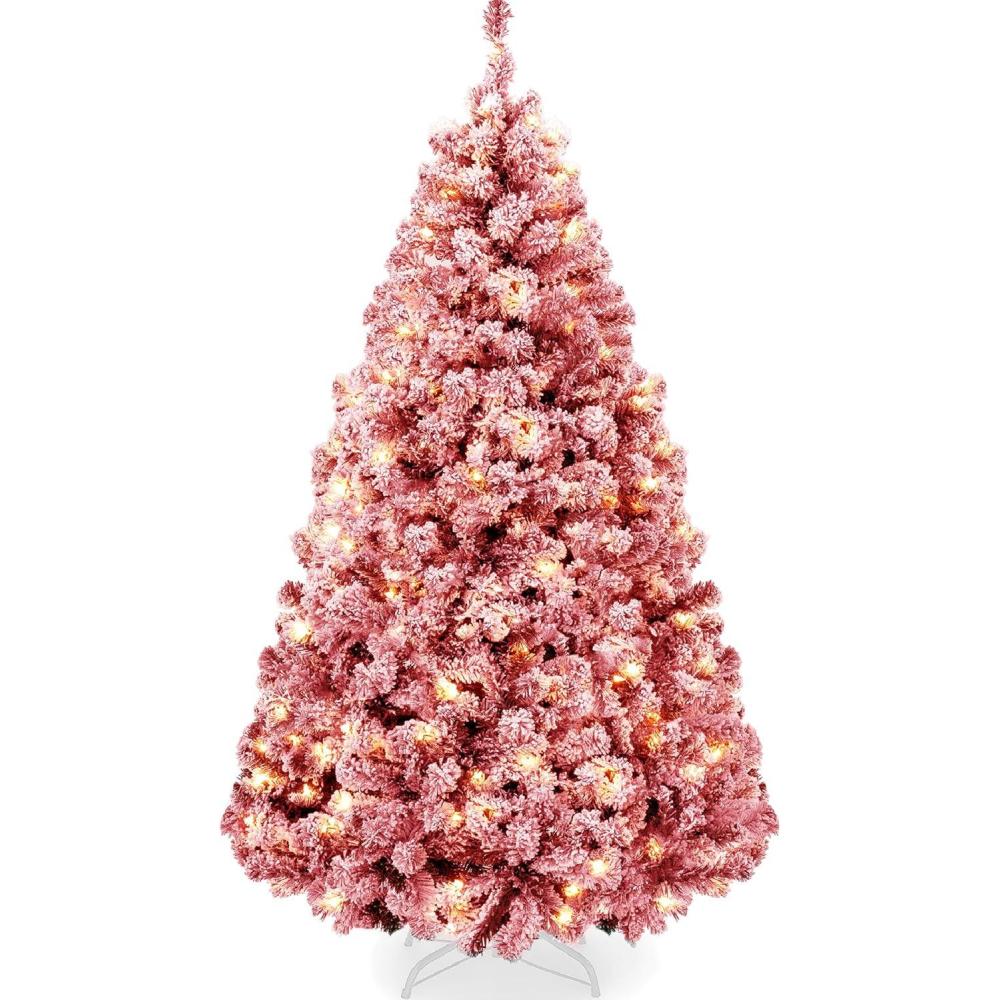 imageBest Choice Products PreLit Artificial Christmas Tree 6ft Snow Flocked Pine Tree 2in1 White and Multicolor LED Lights Full Snowy AppearanceRed
