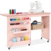 imageBest Choice Products Folding Sewing Table Multipurpose Craft Station ampamp Side Desk with Compact Design Wheels Shelves Storage Trays Pegs Magnetic Doors Metal Doorknobs  WhitePink