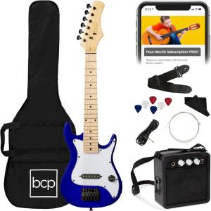 imageBest Choice Products 30in Kids Electric Guitar Beginner Starter Kit w 5W Amplifier Strap Gig Bag Strings Picks  BlackMetallic Blue