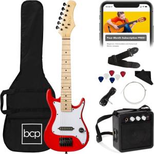 imageBest Choice Products 30in Kids Electric Guitar Beginner Starter Kit w 5W Amplifier Strap Gig Bag Strings Picks  BlackMetallic Red