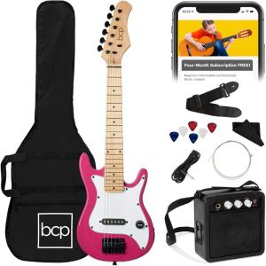 imageBest Choice Products 30in Kids Electric Guitar Beginner Starter Kit w 5W Amplifier Strap Gig Bag Strings Picks  BlackPink Sparkle