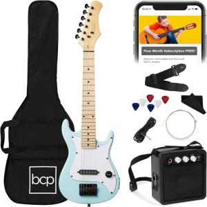 imageBest Choice Products 30in Kids Electric Guitar Beginner Starter Kit w 5W Amplifier Strap Gig Bag Strings Picks  BlackPowder Blue
