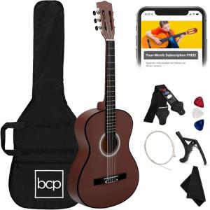 imageBest Choice Products 38in Beginner All Wood Acoustic Guitar Starter Kit wGig Bag 6 Picks Nylon Strings Strap wPick Holder  NaturalDark Brown