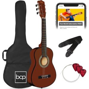 imageBest Choice Products 38in Beginner All Wood Acoustic Guitar Starter Kit wGig Bag 6 Picks Nylon Strings Strap wPick Holder  NaturalMahogany Stain