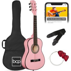 imageBest Choice Products 38in Beginner All Wood Acoustic Guitar Starter Kit wGig Bag 6 Picks Nylon Strings Strap wPick Holder  NaturalPink