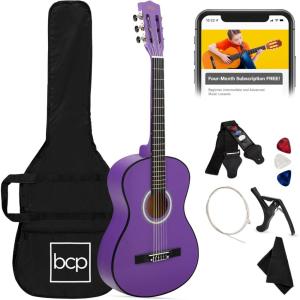 imageBest Choice Products 38in Beginner All Wood Acoustic Guitar Starter Kit wGig Bag 6 Picks Nylon Strings Strap wPick Holder  NaturalPurple