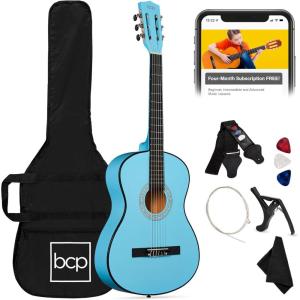imageBest Choice Products 38in Beginner All Wood Acoustic Guitar Starter Kit wGig Bag 6 Picks Nylon Strings Strap wPick Holder  NaturalSky Blue