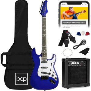 imageBest Choice Products 39in Full Size Beginner Electric Guitar Starter Kit wCase Strap 10W Amp Strings Pick Tremolo Bar  SoCal GreenMetallic Blue