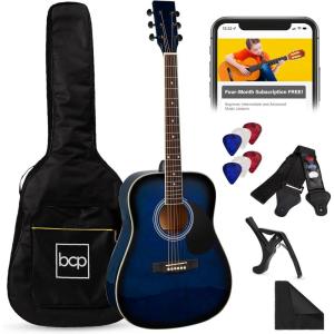 imageBest Choice Products 41in Full Size Beginner All Wood Acoustic Guitar Starter Set wGig Bag Strap Capo Strings Picks  SunburstBlue