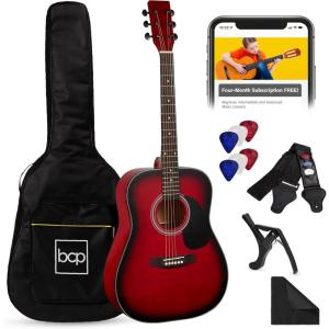 imageBest Choice Products 41in Full Size Beginner All Wood Acoustic Guitar Starter Set wGig Bag Strap Capo Strings Picks  SunburstRed Burst