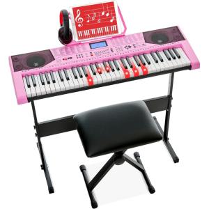 imageBest Choice Products 61Key Beginners Complete Electronic Keyboard Piano Set wLighted Keys LCD Screen Headphones Stand Bench Teaching Modes Note Stickers BuiltIn Speakers  RedPink