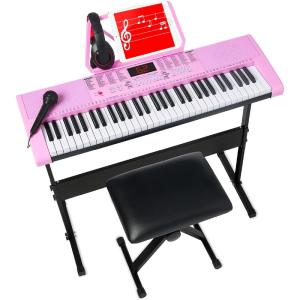 imageBest Choice Products 61Key Electronic Keyboard Piano Portable Electric Keyboard Complete Beginner Set wLED Screen Stand Bench Headphones  BlackPink