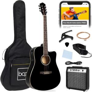 imageBest Choice Products Beginner Acoustic Electric Guitar Starter Set w 41in All Wood Cutaway Design Gig Bag Strap Picks  BlueBlack