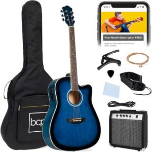 imageBest Choice Products Beginner Acoustic Electric Guitar Starter Set w 41in All Wood Cutaway Design Gig Bag Strap Picks  BlueBlue