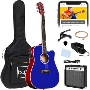 imageBest Choice Products Beginner Acoustic Electric Guitar Starter Set w 41in All Wood Cutaway Design Gig Bag Strap Picks  BlueDark Blue