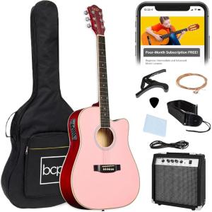 imageBest Choice Products Beginner Acoustic Electric Guitar Starter Set w 41in All Wood Cutaway Design Gig Bag Strap Picks  BluePink