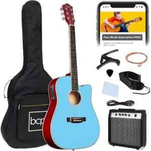 imageBest Choice Products Beginner Acoustic Electric Guitar Starter Set w 41in All Wood Cutaway Design Gig Bag Strap Picks  BlueSky Blue