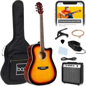 imageBest Choice Products Beginner Acoustic Electric Guitar Starter Set w 41in All Wood Cutaway Design Gig Bag Strap Picks  BlueSunburst
