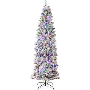 imageBest Choice Products Flocked Pencil Christmas Tree PreLit Slim Artificial Holiday Decoration 6ft Lighted Skinny wBase Warm White LightsDual WhiteMulti Color Lights