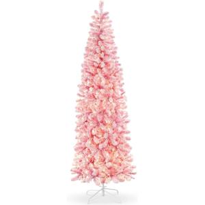 imageBest Choice Products Flocked Pencil Christmas Tree PreLit Slim Artificial Holiday Decoration 6ft Lighted Skinny wBase Warm White LightsPink  White Lights