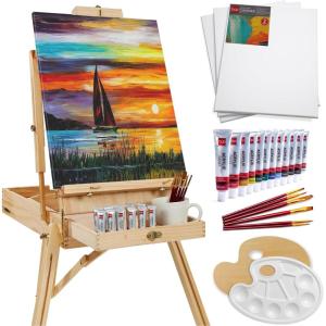 imageBest Choice Products French Easel 32pc Beginners Kit Portable Wooden Folding Adjustable Sketch Box Artist Tripod for Painting Drawing wAcrylic Paints Brushes Canvases Palettes  BlueNatural