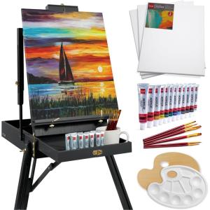 imageBest Choice Products French Easel 32pc Beginners Kit Portable Wooden Folding Adjustable Sketch Box Artist Tripod for Painting Drawing wAcrylic Paints Brushes Canvases Palettes  BlueBlack