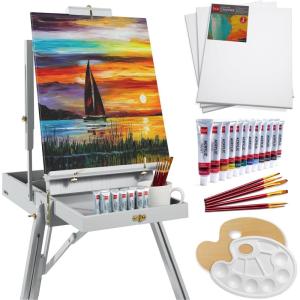 imageBest Choice Products French Easel 32pc Beginners Kit Portable Wooden Folding Adjustable Sketch Box Artist Tripod for Painting Drawing wAcrylic Paints Brushes Canvases Palettes  BlueGray
