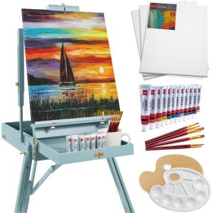 imageBest Choice Products French Easel 32pc Beginners Kit Portable Wooden Folding Adjustable Sketch Box Artist Tripod for Painting Drawing wAcrylic Paints Brushes Canvases Palettes  BlueBlue