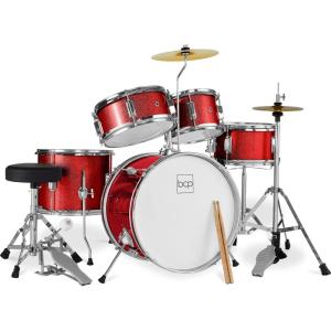 imageBest Choice Products Kids 5Piece Beginner Drum Set Junior Kit Starter Percussion wCymbals Pedal Drumsticks Stool Toms Snare Hi Hat  BlackRed Sparkle