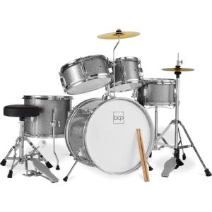 imageBest Choice Products Kids 5Piece Beginner Drum Set Junior Kit Starter Percussion wCymbals Pedal Drumsticks Stool Toms Snare Hi Hat  BlackSilver Sparkle