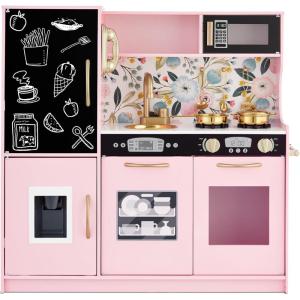 imageBest Choice Products Pretend Play Kitchen Wooden Toy Set for Kids wRealistic Design Telephone Utensils Oven Microwave Sink  Pink FloralPink Floral