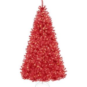 imageBest Choice Products White Christmas Tree 75ft PreLit Artificial Pine Tree Premium Holiday Decoration wWarm White Lights Stand Easy AssemblyRed