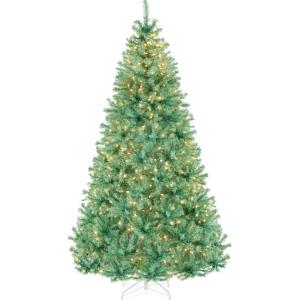 imageBest Choice Products White Christmas Tree 75ft PreLit Artificial Pine Tree Premium Holiday Decoration wWarm White Lights Stand Easy AssemblySage Green