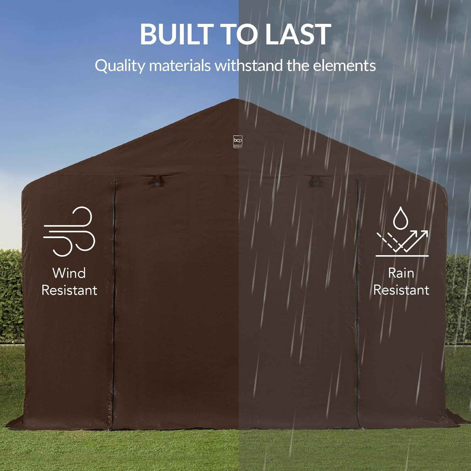 imageBest Choice Products 10x8ft Outdoor Storage Shed Carport Canopy Shelter Dual Doors ampamp Windows Metal Frame WeatherResistant Perfect for Storing Motorcycle Bike Garden Tools  TanBrown