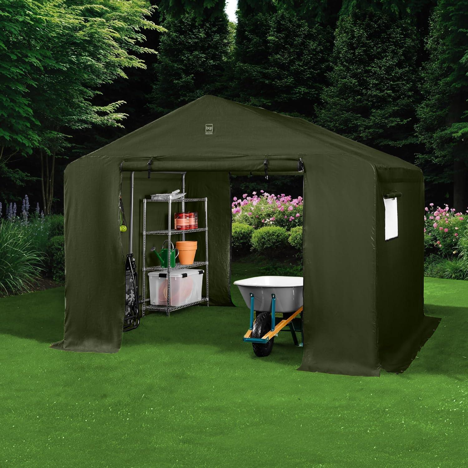 imageBest Choice Products 10x8ft Outdoor Storage Shed Carport Canopy Shelter Dual Doors ampamp Windows Metal Frame WeatherResistant Perfect for Storing Motorcycle Bike Garden Tools  TanForest Green