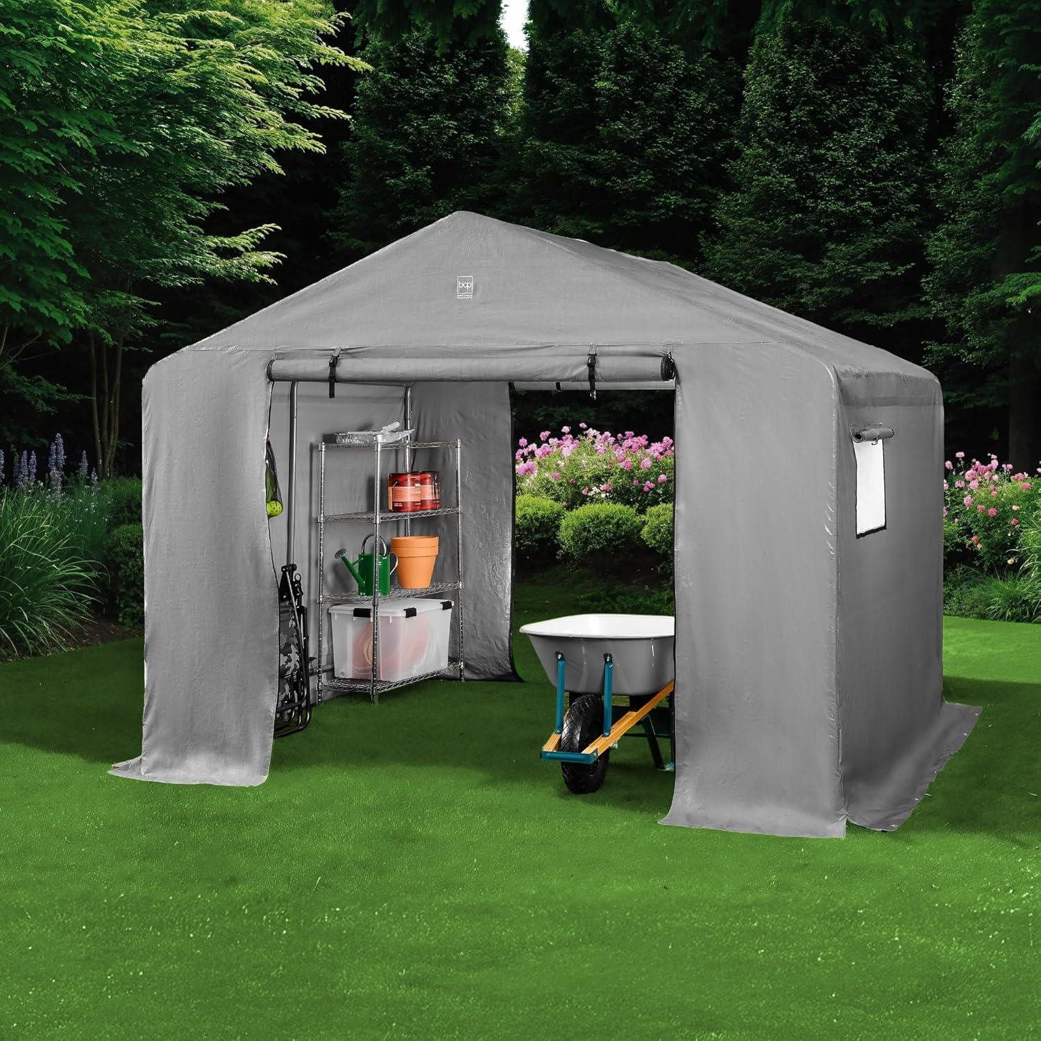 imageBest Choice Products 10x8ft Outdoor Storage Shed Carport Canopy Shelter Dual Doors ampamp Windows Metal Frame WeatherResistant Perfect for Storing Motorcycle Bike Garden Tools  TanGray